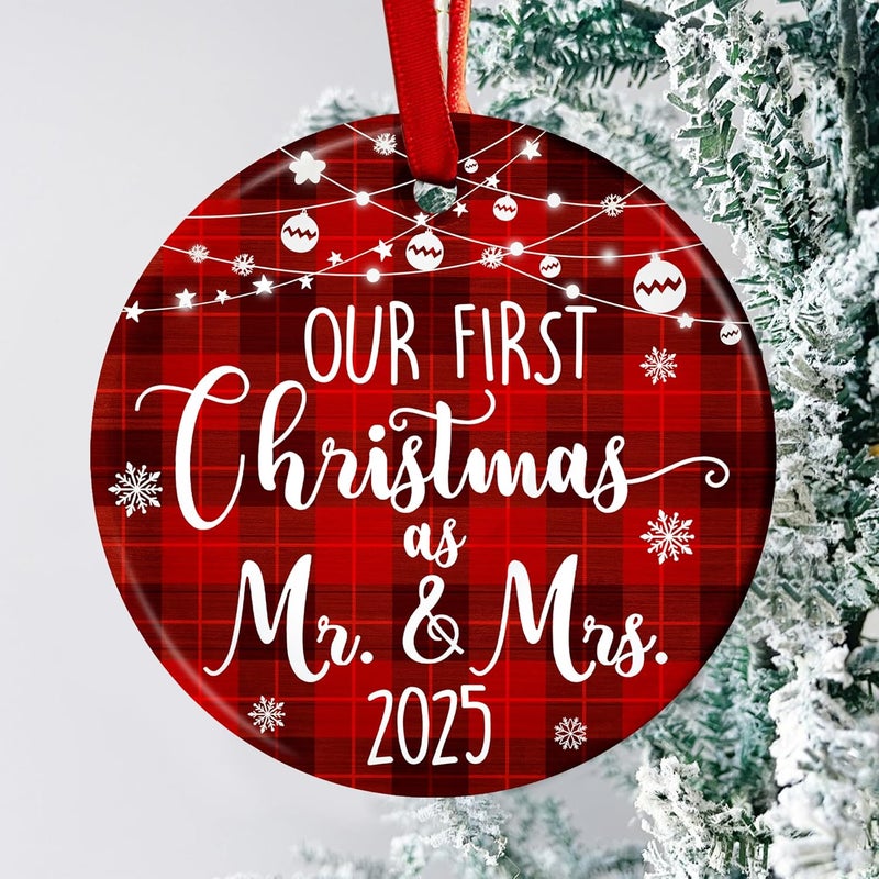 Fastpeace Our First Christmas as Mr and Mrs 2025 Ceramic Ornament – Classic Holiday Tree Decoration & Wedding Keepsake, First for Newlyweds, Romantic Ceramic Décor for Couples - Image 1